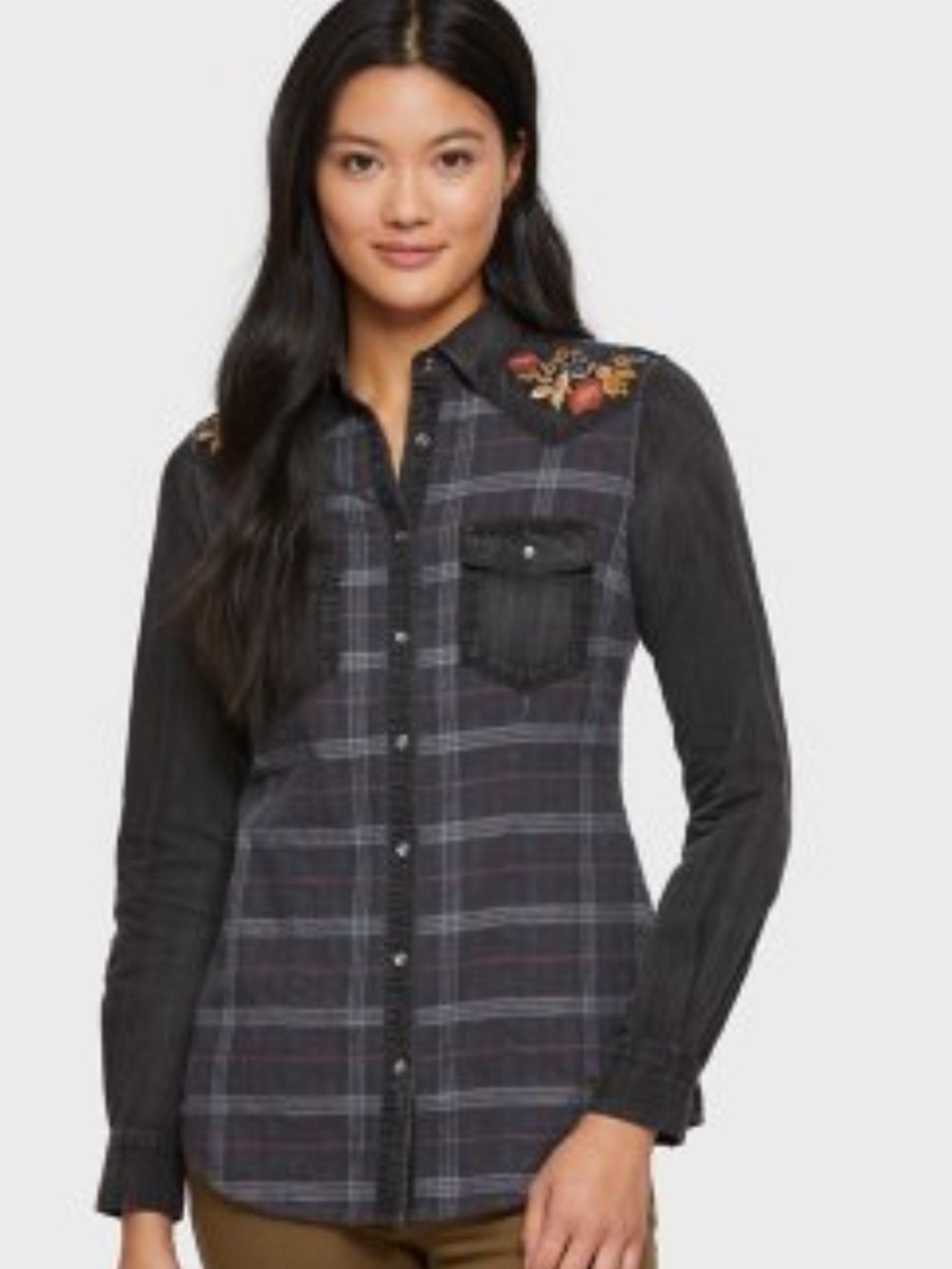 Overland Embroidered Plaid Button-Up Shirt - Black